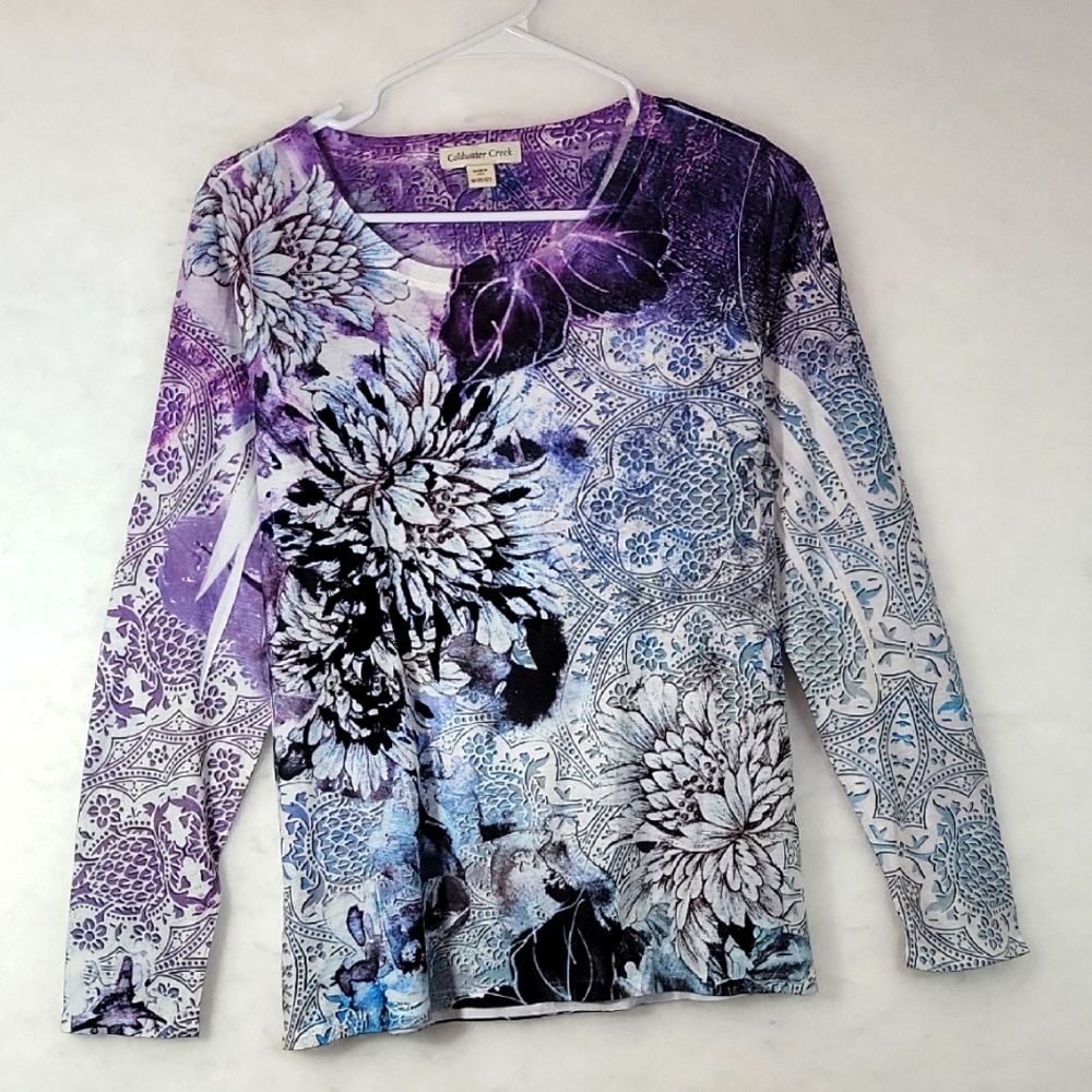 NWOT Coldwater Creek Purple and Blue Floral Blouse Size M